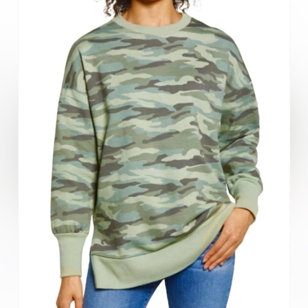 New Caslon Oive Green Cotton Camo Print Crewneck Oversized Sweatshirt Women’s M